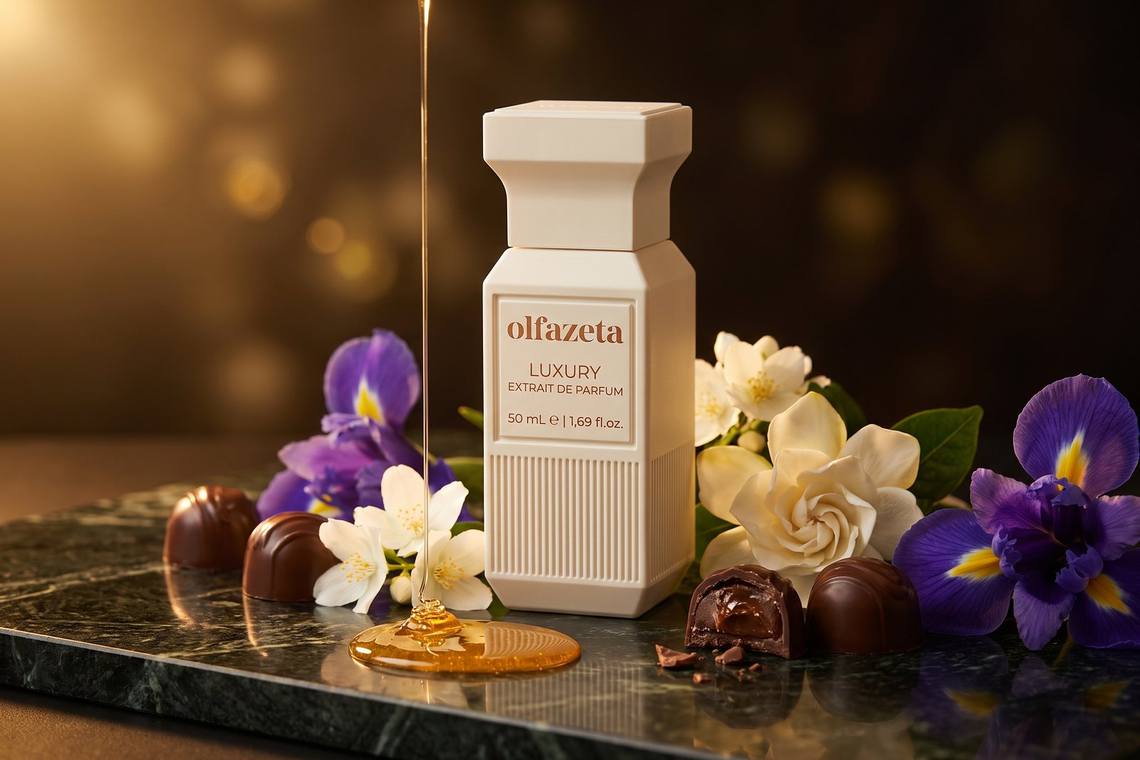 Flakon Olfazeta Amphera in einer Szene mit Jasmin, Gardenie, Iris, Praline und Honig