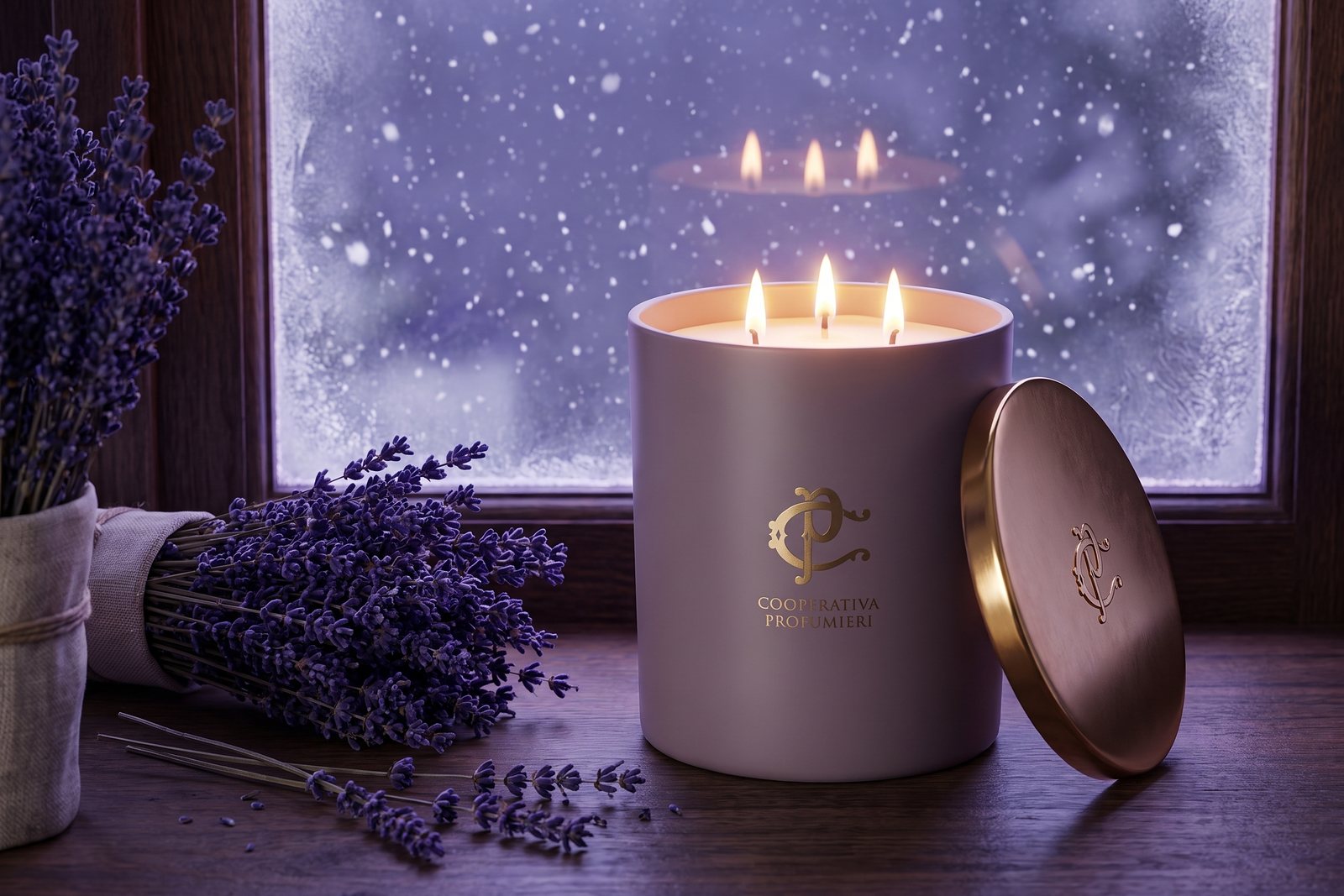 LAVÉA Duftkerze, Mauve, brennend in einer winterlichen Abendszene