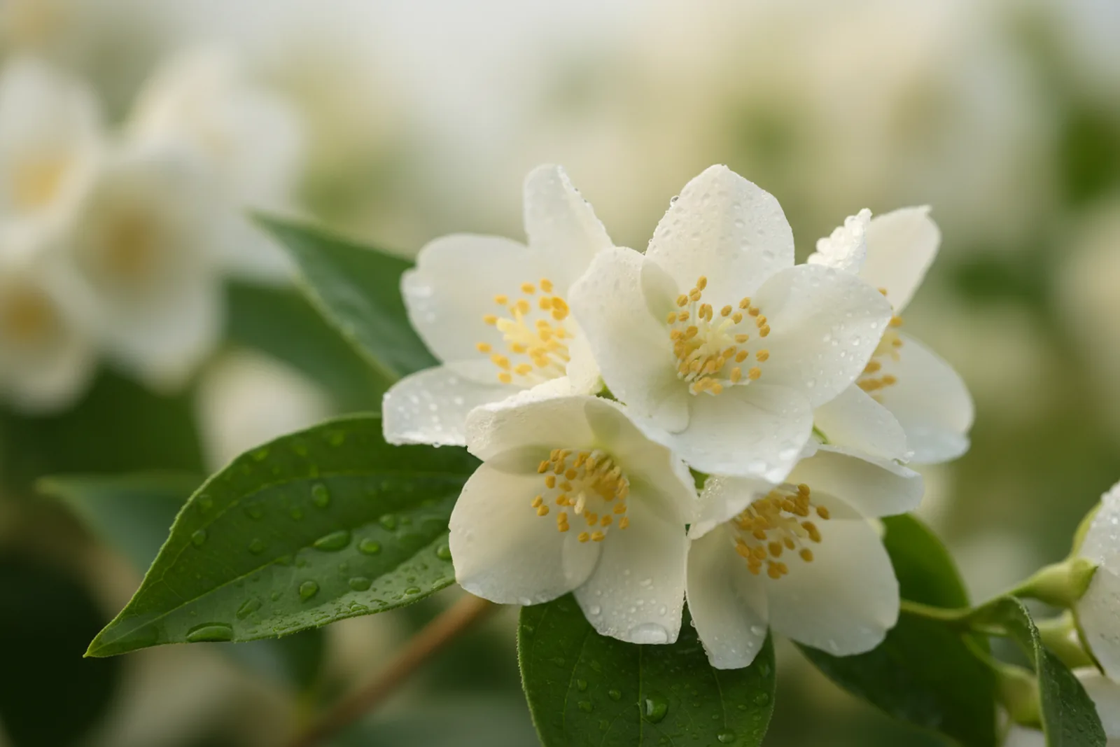 Tautropfen auf einem hellen Jasminblütenblatt im Gegenlicht