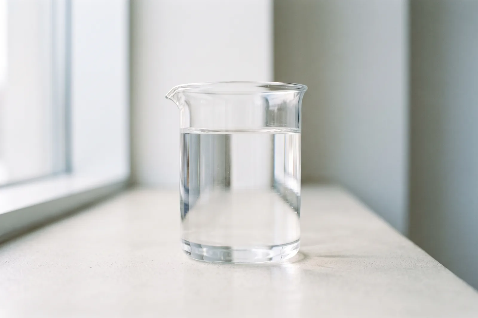 Klare Flüssigkeit in einem schlichten Glasgefäß vor hellem Hintergrund als Sinnbild für den Alkohol als Trägerstoff im Parfüm
