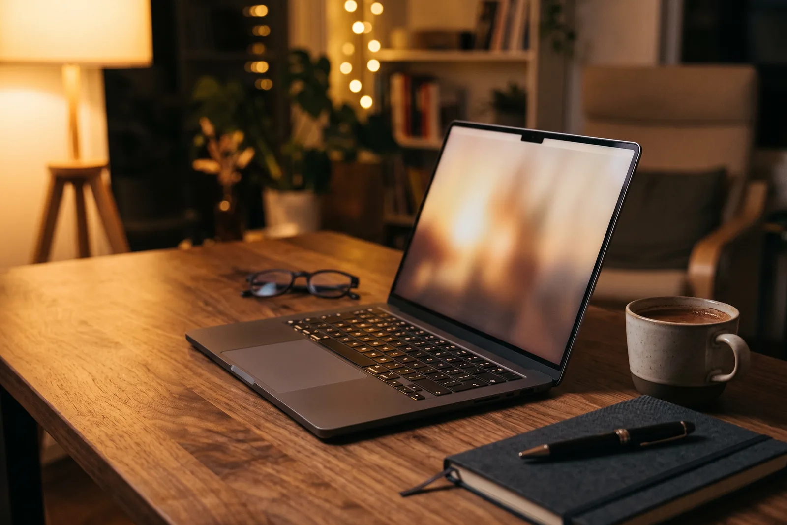Aufgeklappter Laptop auf einem Holztisch im warmen Abendlicht als Sinnbild für die Duftrecherche vor dem Onlinekauf