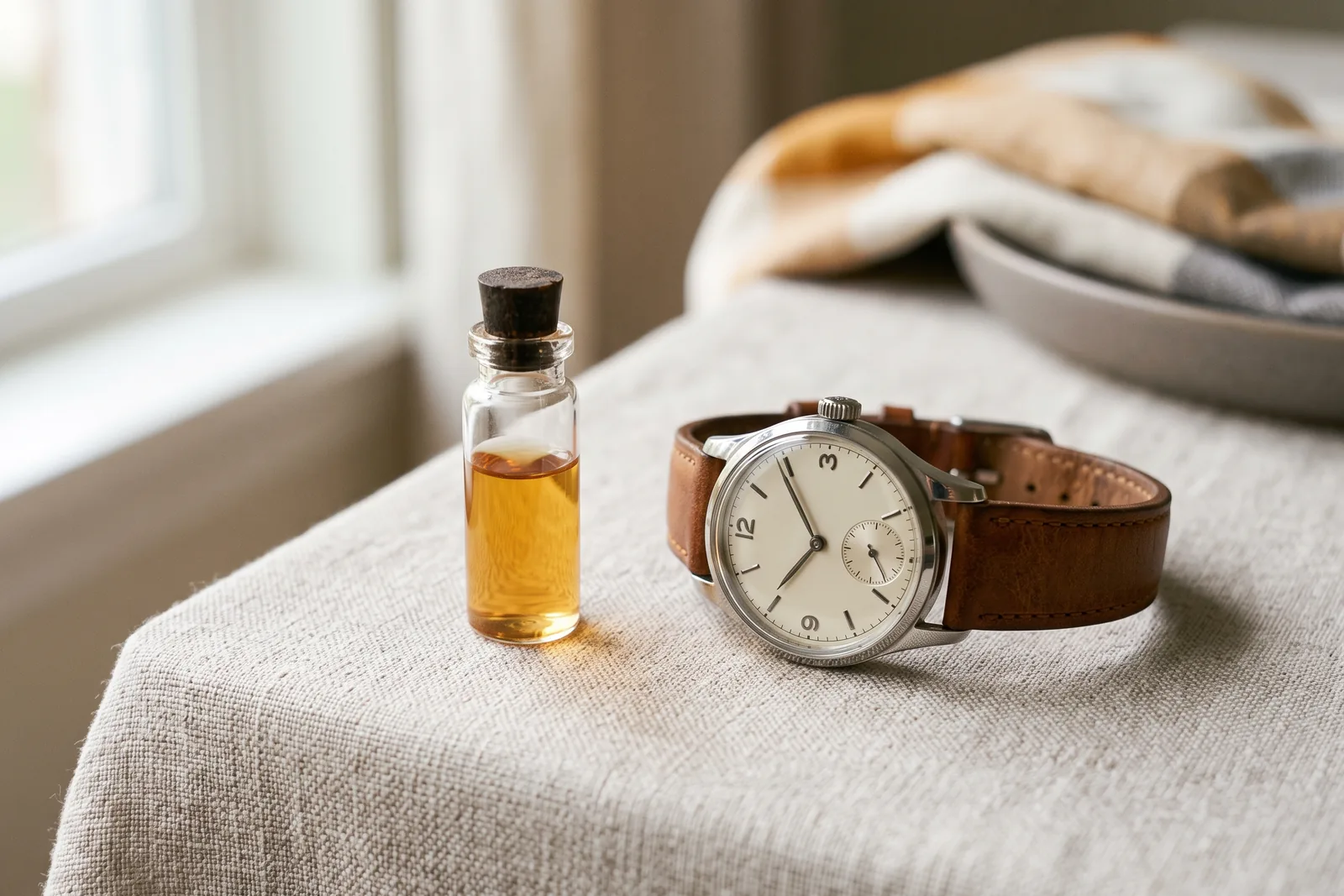 Kleines Probefläschchen auf einer hellen Tischplatte neben einer Armbanduhr als Sinnbild für das zeitliche Testen eines Duftes