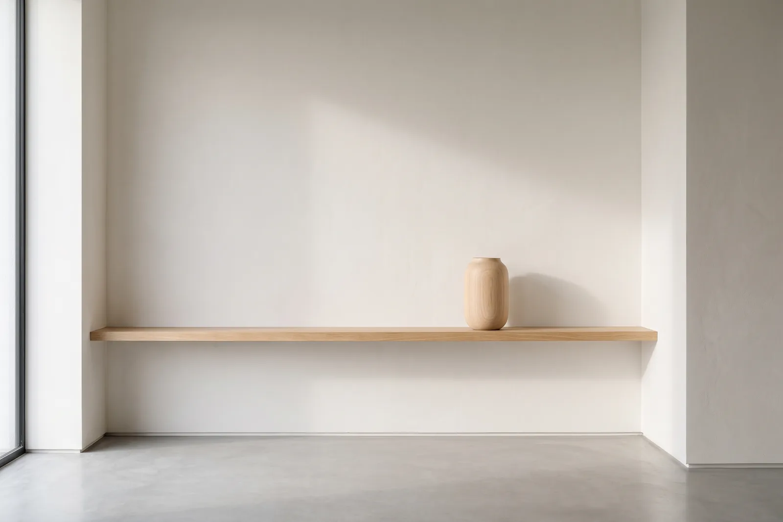 Ruhiger, reduzierter Innenraum mit heller Wand und schlichtem Holzobjekt im Tageslicht als Sinnbild für minimalistischen Stil