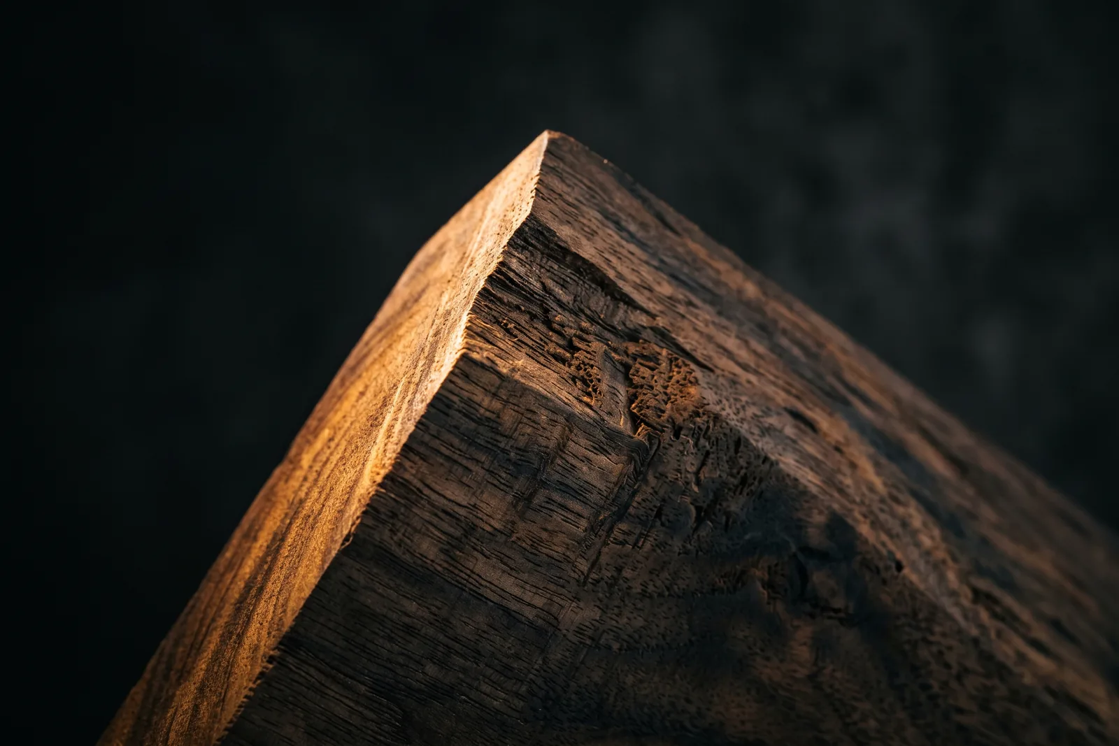Kante eines dunklen Holzblocks in hartem Seitenlicht mit sichtbarer Maserung als Sinnbild für einen markanten Duftstil