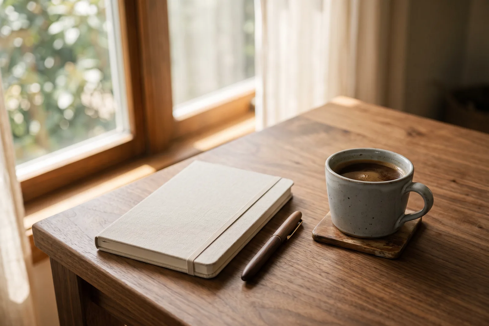 Ruhiger Schreibtisch mit Notizbuch, Stift und einer Tasse im Tageslicht als Sinnbild für persönliche, unabhängige Beratung