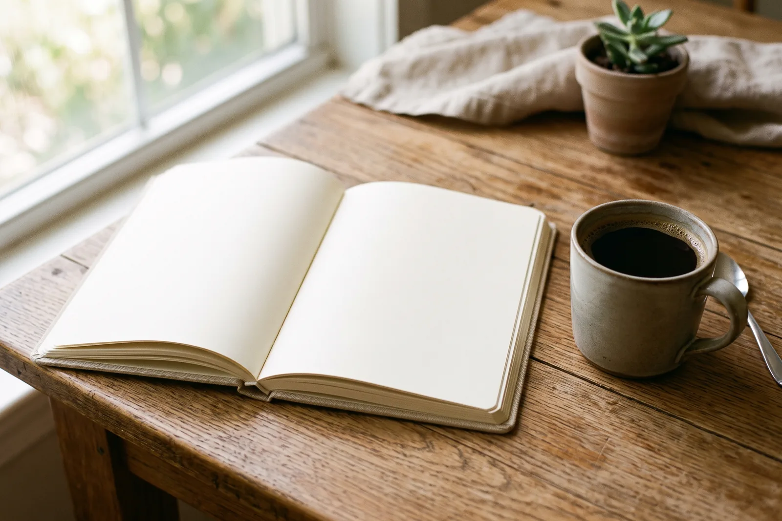 Aufgeschlagenes leeres Notizbuch neben einer Tasse Kaffee auf einem Holztisch im Morgenlicht als Sinnbild für einen ruhigen Neuanfang