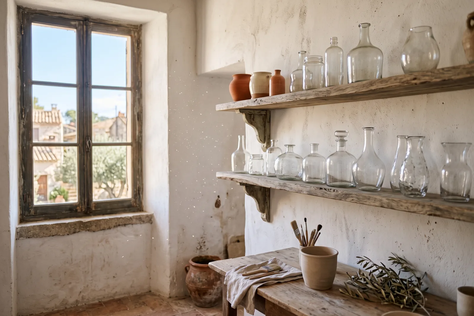 Heller Werkstattraum mit Holzregal und Glasgefäßen im Nachmittagslicht als Sinnbild für die Produktion von Parfüm in Italien
