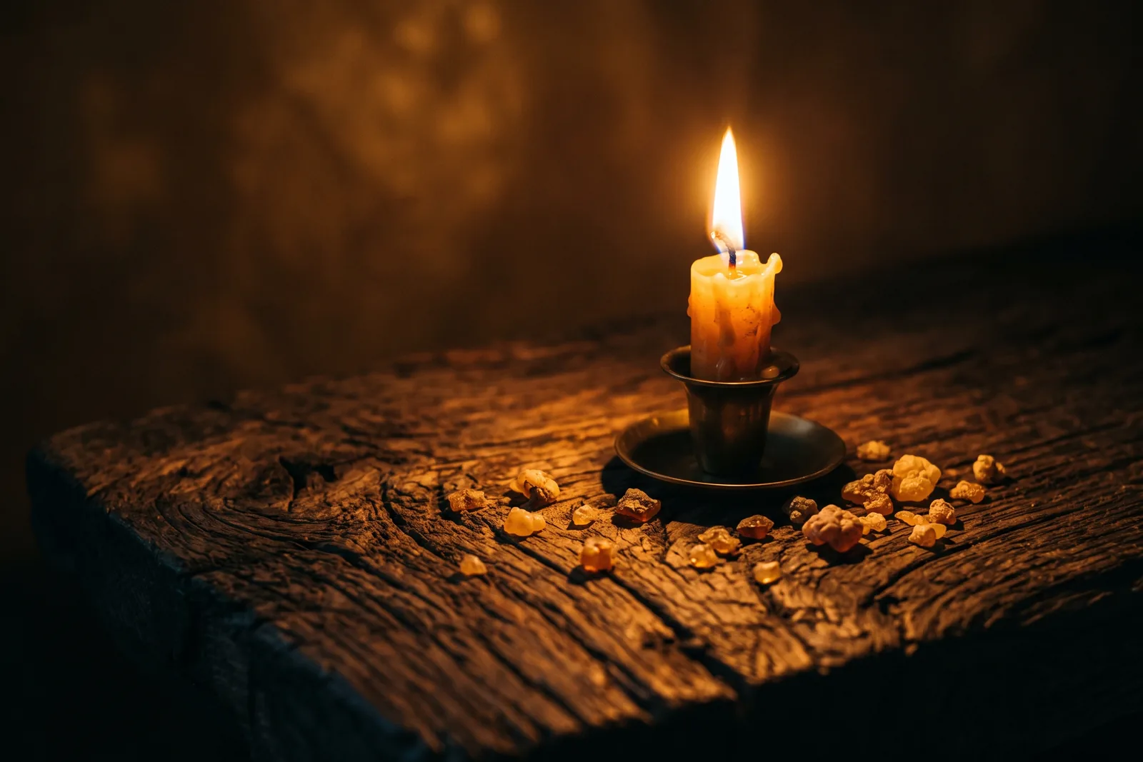 Warmes Kerzenlicht auf dunklem Holz, das die weiche, bernsteinfarbene Stimmung von Amberdüften einfängt