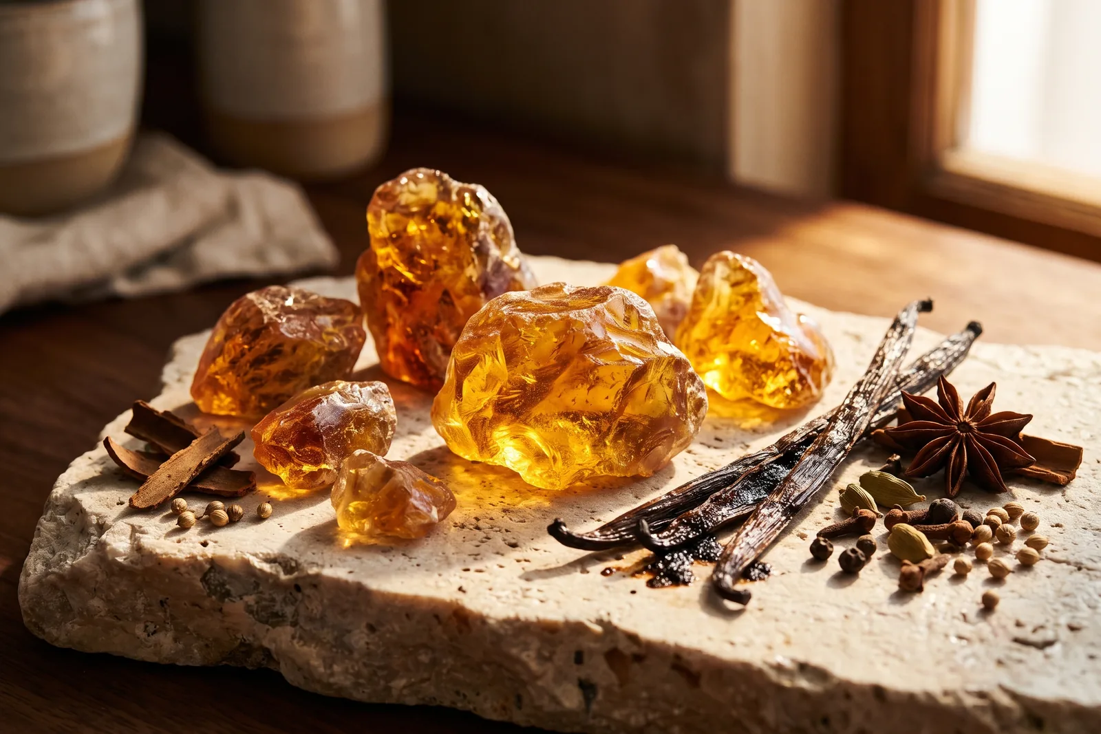 Harzstücke, eine Vanilleschote und getrocknete Gewürze nebeneinander auf hellem Stein, als Darstellung der Bausteine eines Amber-Akkords