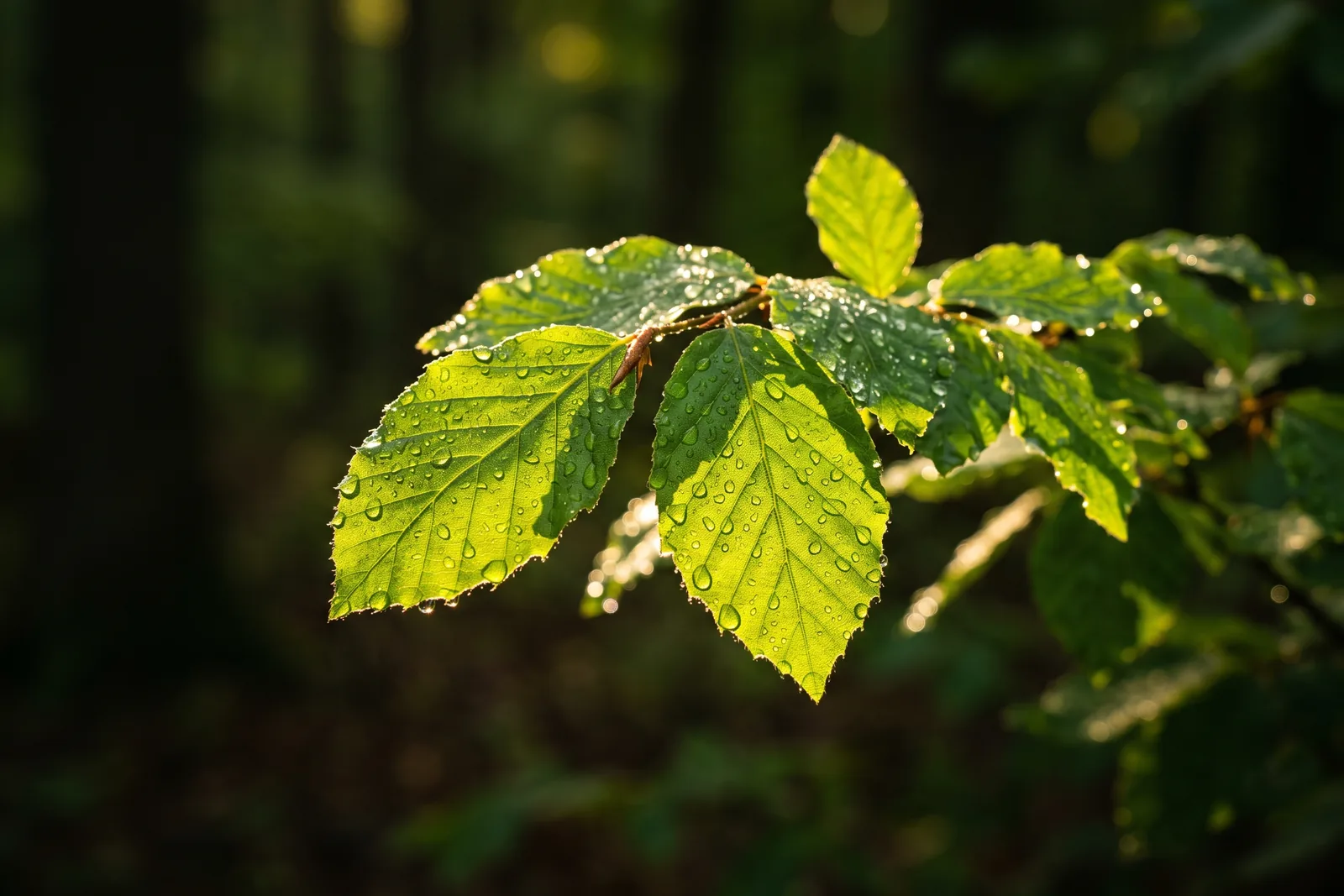 Frische grüne Blätter mit Morgentau in weichem Gegenlicht als Bild für die klare Frische grüner Düfte
