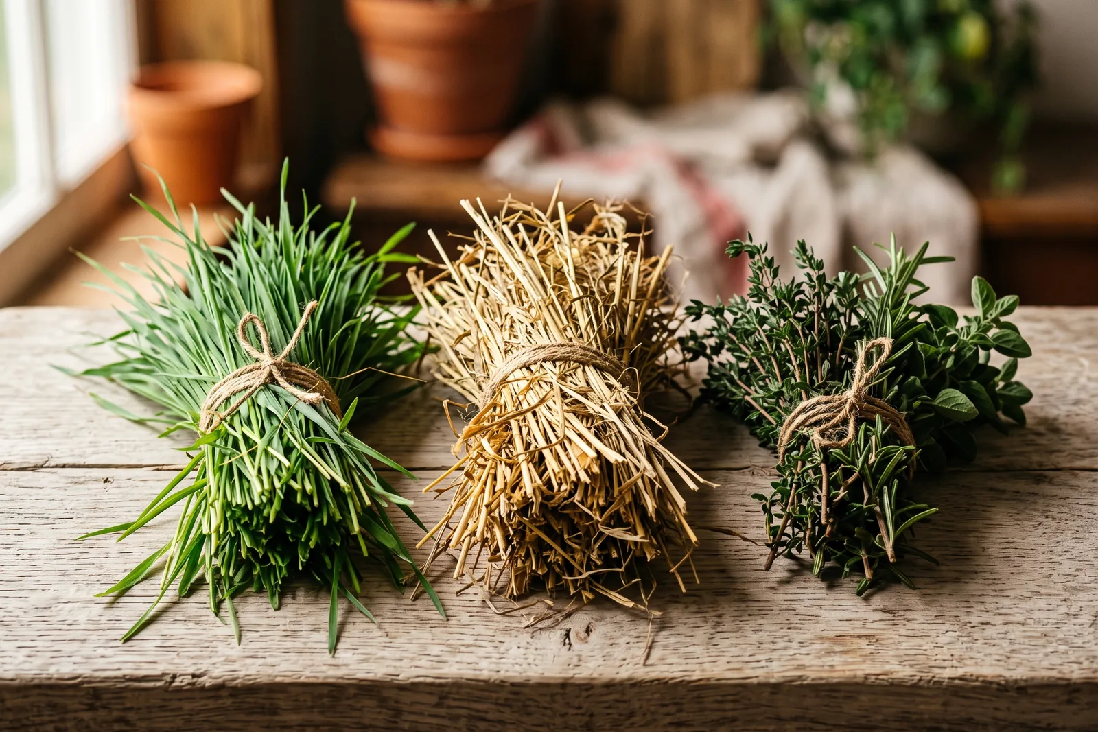 Drei Bündel nebeneinander auf hellem Holz: frisches Gras, getrocknetes Heu und Kräuterzweige als Vergleich der grünen Duftrichtungen