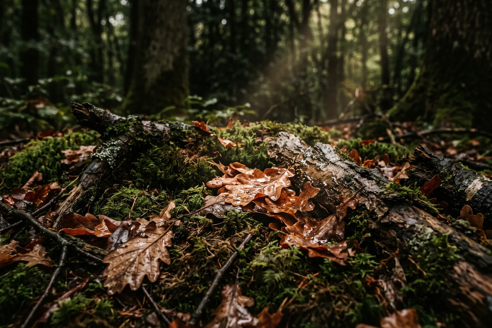 Nahaufnahme von feuchtem Waldboden mit Moos und Rinde als Bild für die erdige Basis klassischer Chypre-Düfte