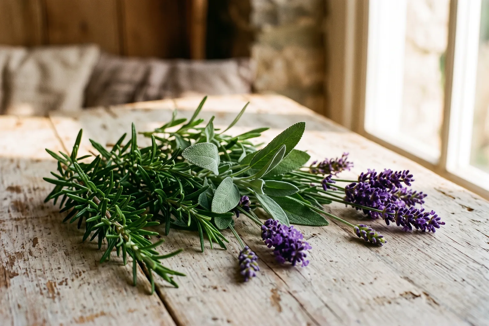 Frische Zweige von Rosmarin, Salbei und Lavendel auf einem hellen Holztisch als Bild für aromatische Duftnoten