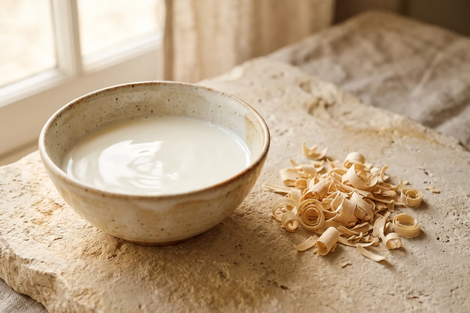 Eine Schale mit Milch neben Sandelholzspänen auf hellem Untergrund als Bild für die weiche Wirkung cremiger Düfte