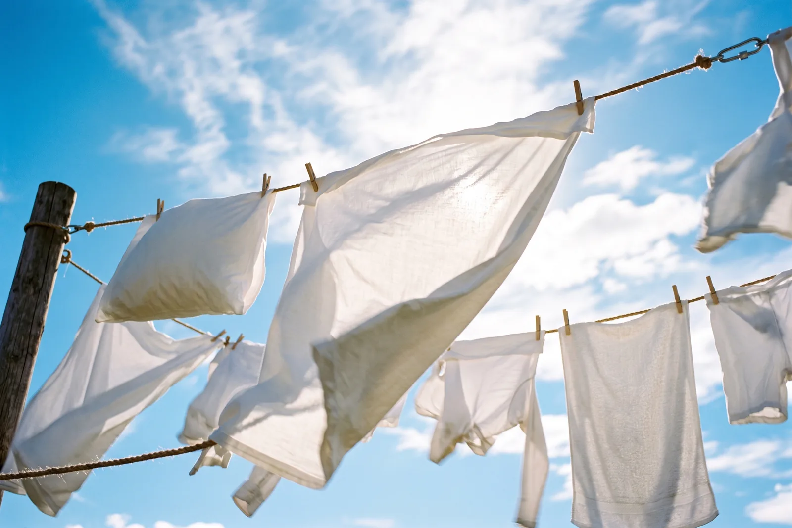 Weiße Baumwollwäsche im Wind vor hellem Himmel als Bild für den sauberen, unaufdringlichen Clean-Duft-Trend