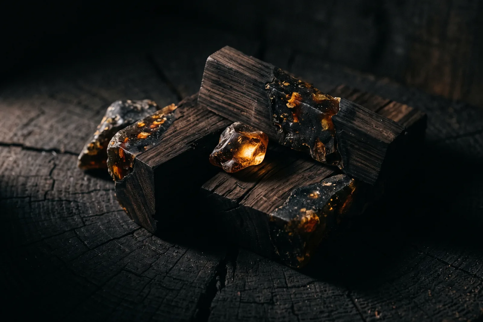 Dunkles Holz und Harzstücke in tiefem Seitenlicht mit weichen Schatten als Bild für die Tiefe dunkler Düfte