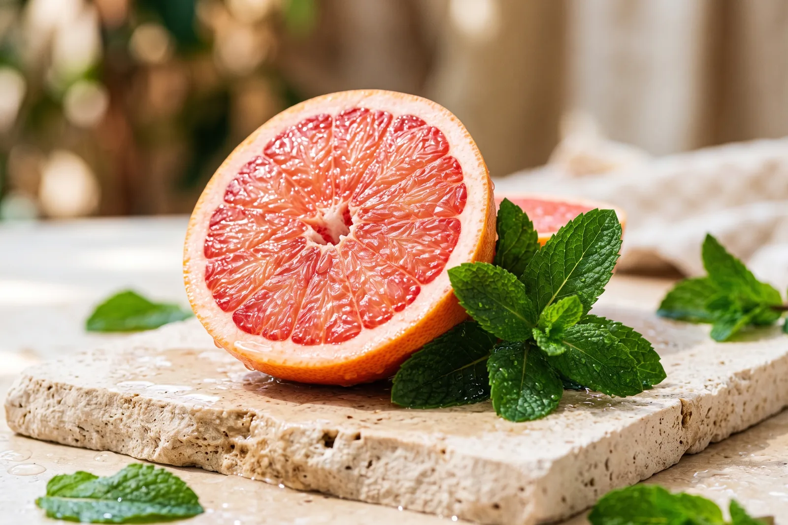 Aufgeschnittene Grapefruit und frische Minzblätter auf hellem Untergrund als Bild für sportlich-frische Duftnoten