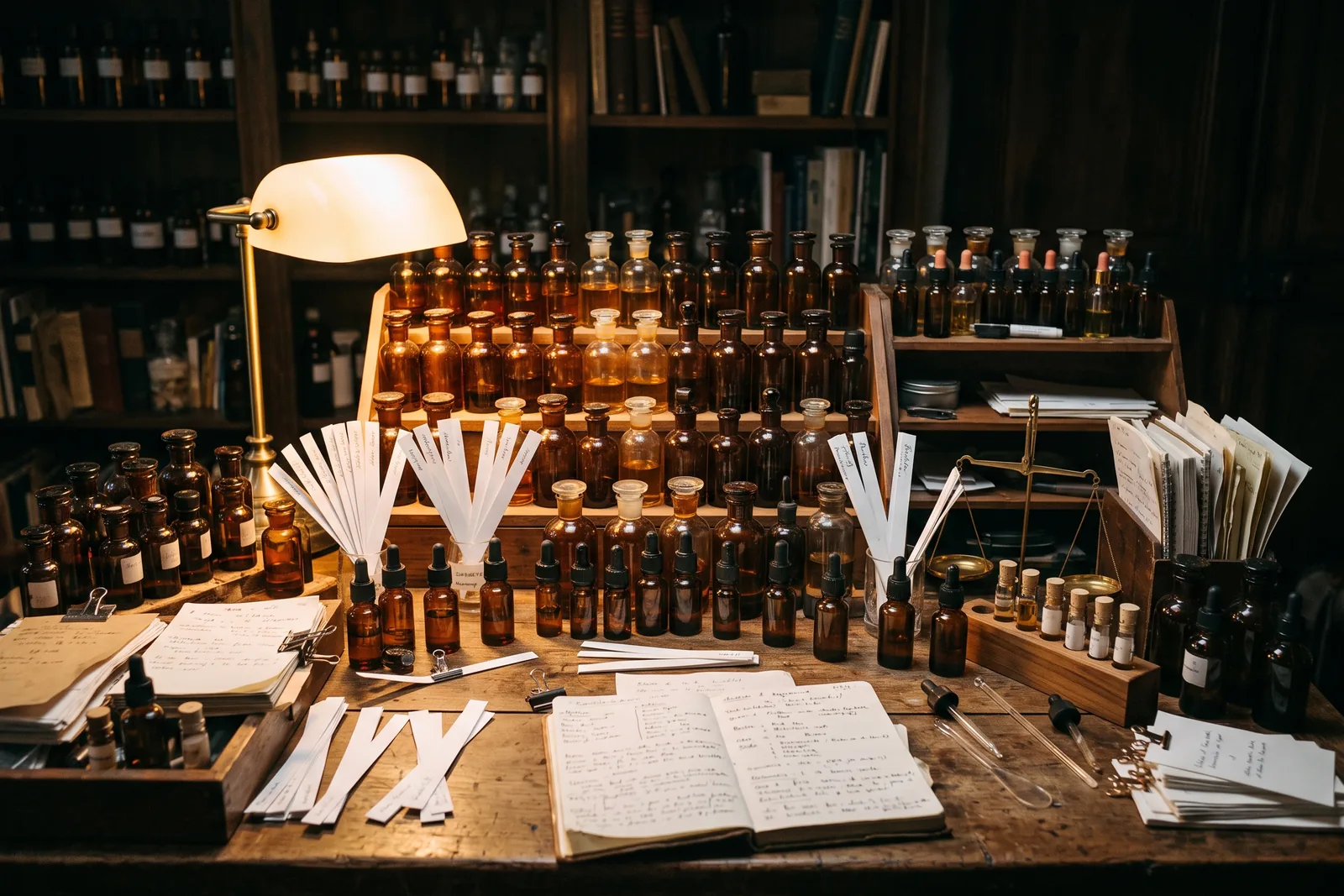 Arbeitsplatz mit vielen kleinen Duftfläschchen, Teststreifen und Notizen in warmem Licht als Bild für die Arbeit eines Parfümeurs