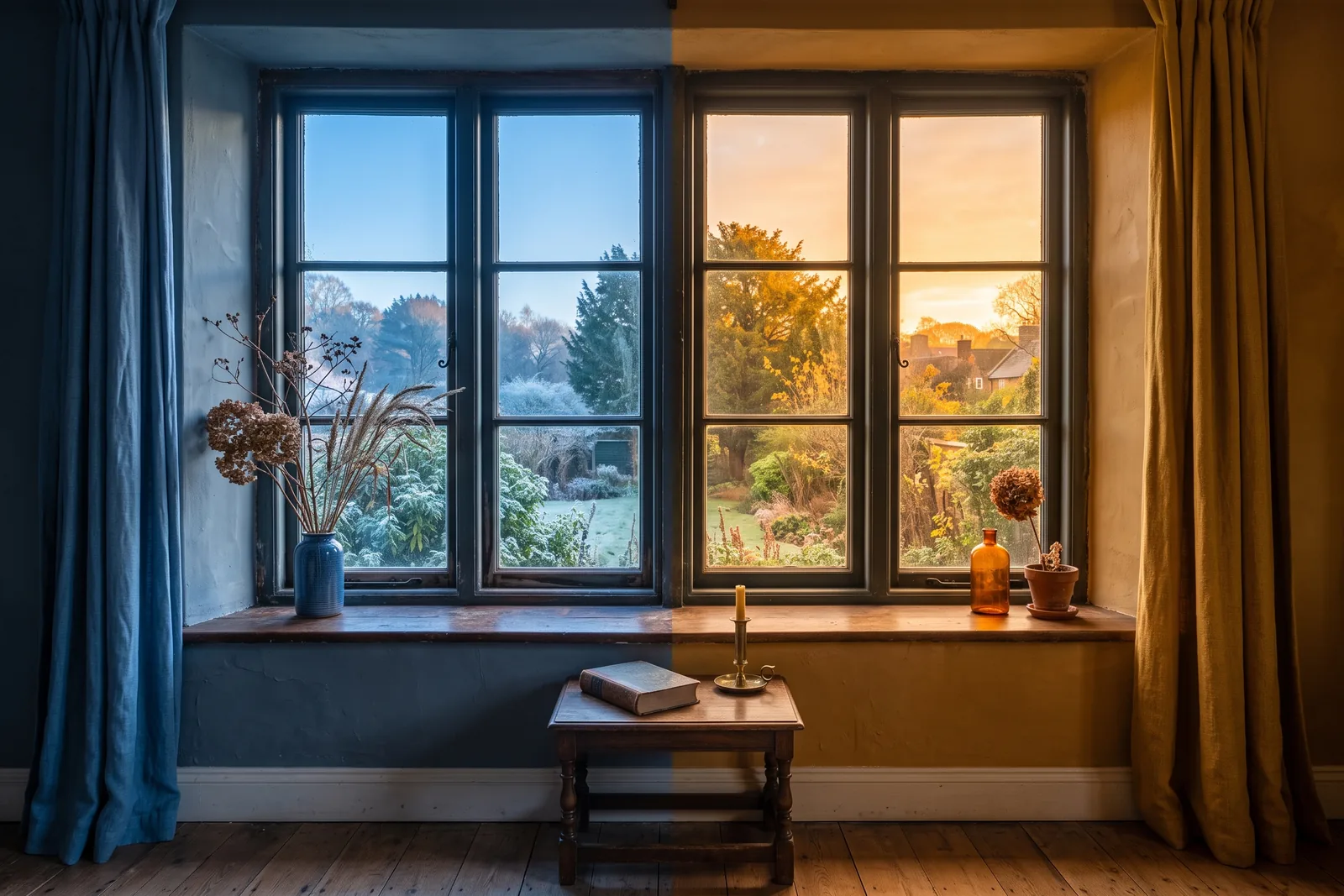 Dasselbe Fenster in Morgen- und Abendlicht als Bild dafür, wie sich die Wahrnehmung im Tagesverlauf verändert