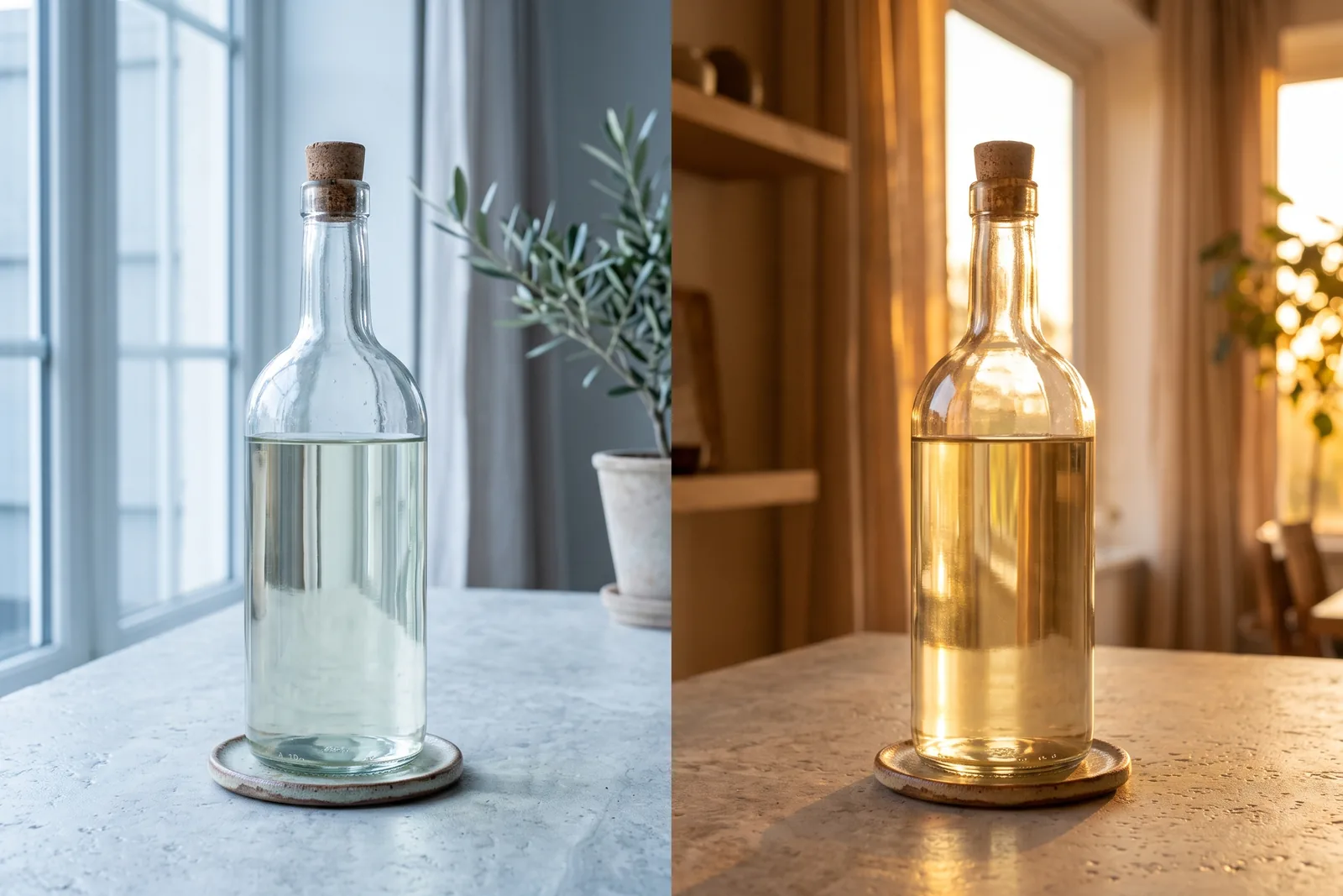 Dasselbe Stillleben zweimal nebeneinander, links in kühlem Morgenlicht, rechts in warmem Abendlicht