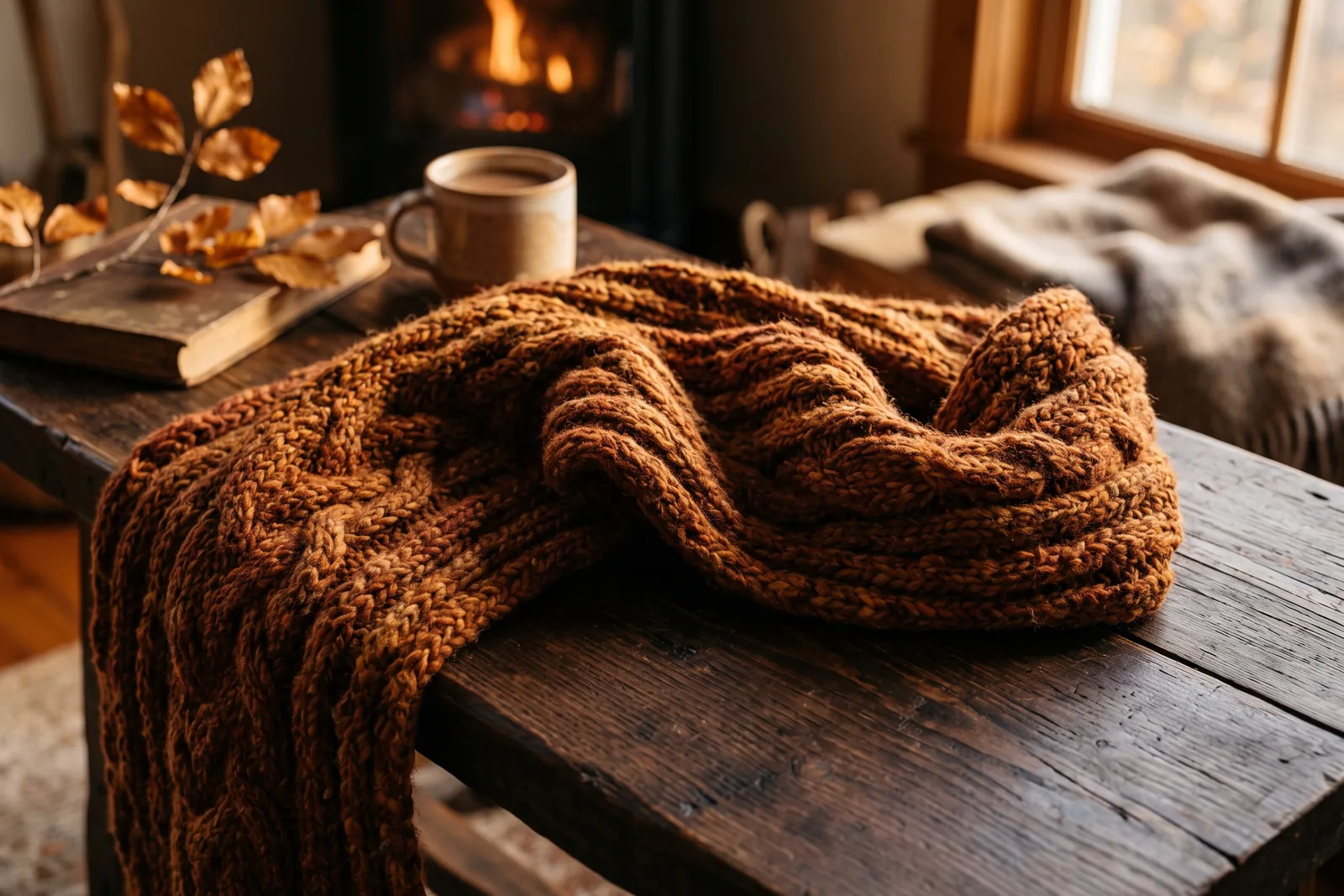 Weicher Strickschal und warmes Nachmittagslicht auf Holz als Bild für die Stimmung warmer Herbstdüfte