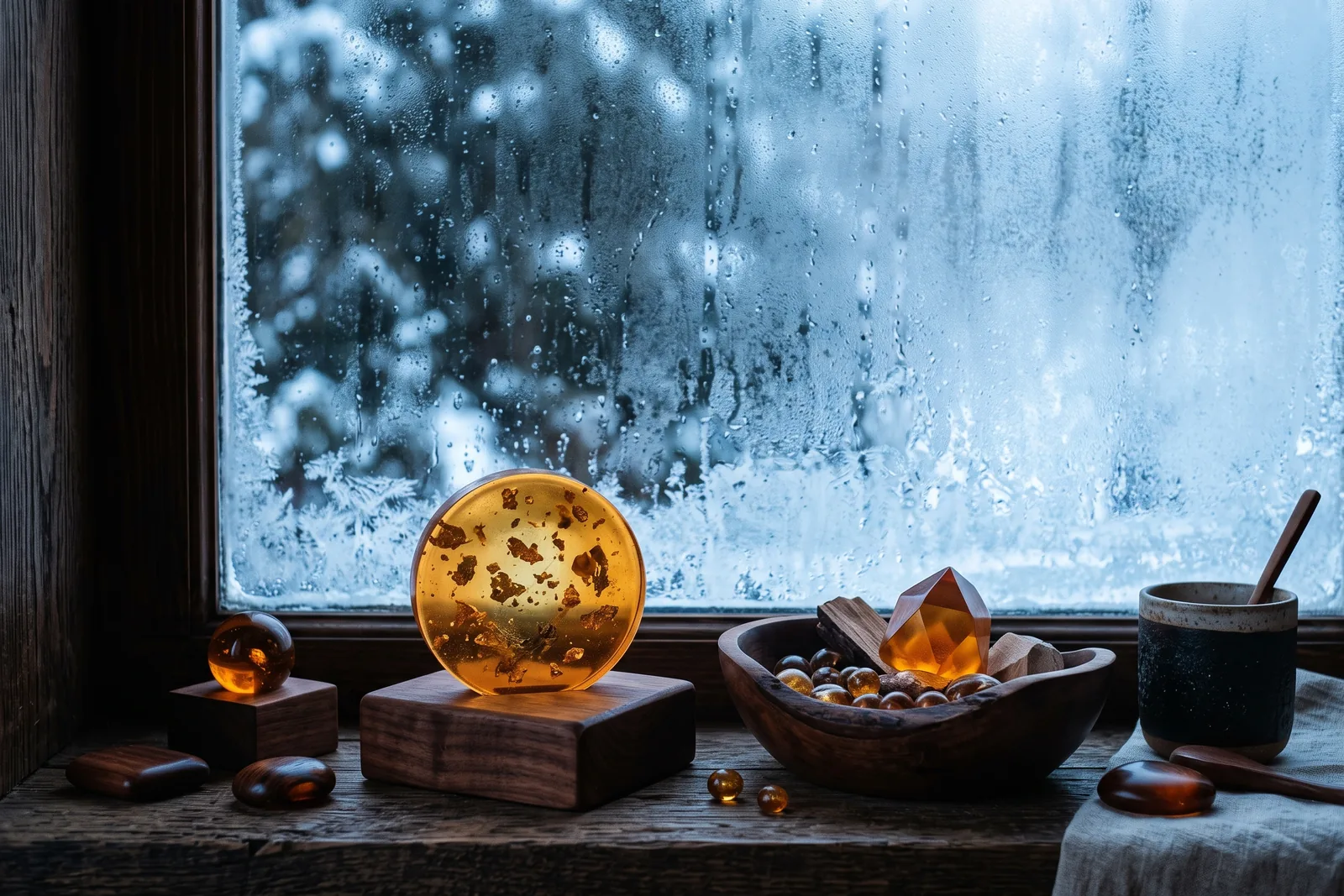 Harzstücke und dunkles Holz bei kaltem Winterlicht am Fenster als Bild für die Duftstimmung der kalten Jahreszeit