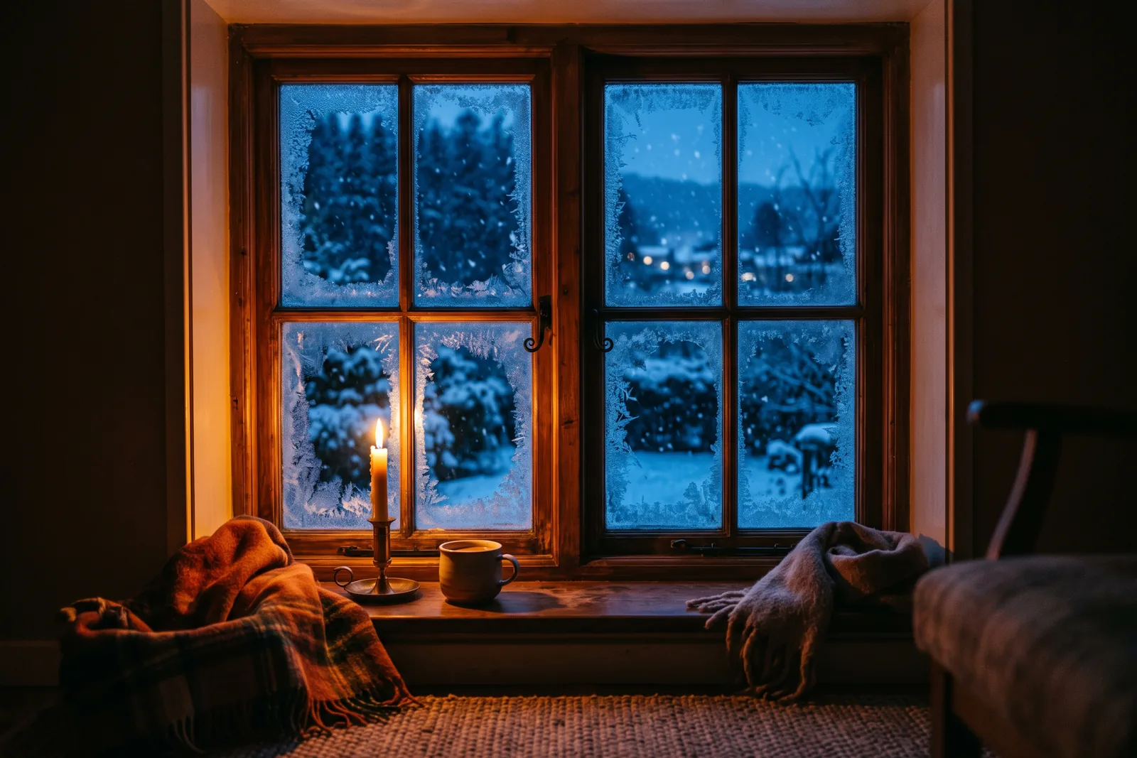 Warm beleuchteter Innenraum mit Raureif am Fenster und kaltem Winterlicht draußen