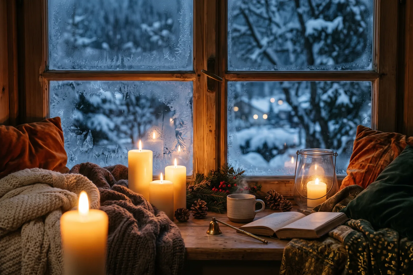 Kerzenlicht und weicher Stoff vor winterlichem Fenster als Bild für die Stimmung warmer Winterdüfte