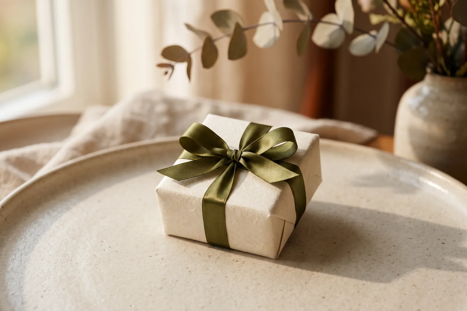 Sorgfältig verpacktes kleines Geschenk mit Schleife auf hellem Untergrund in warmem Licht