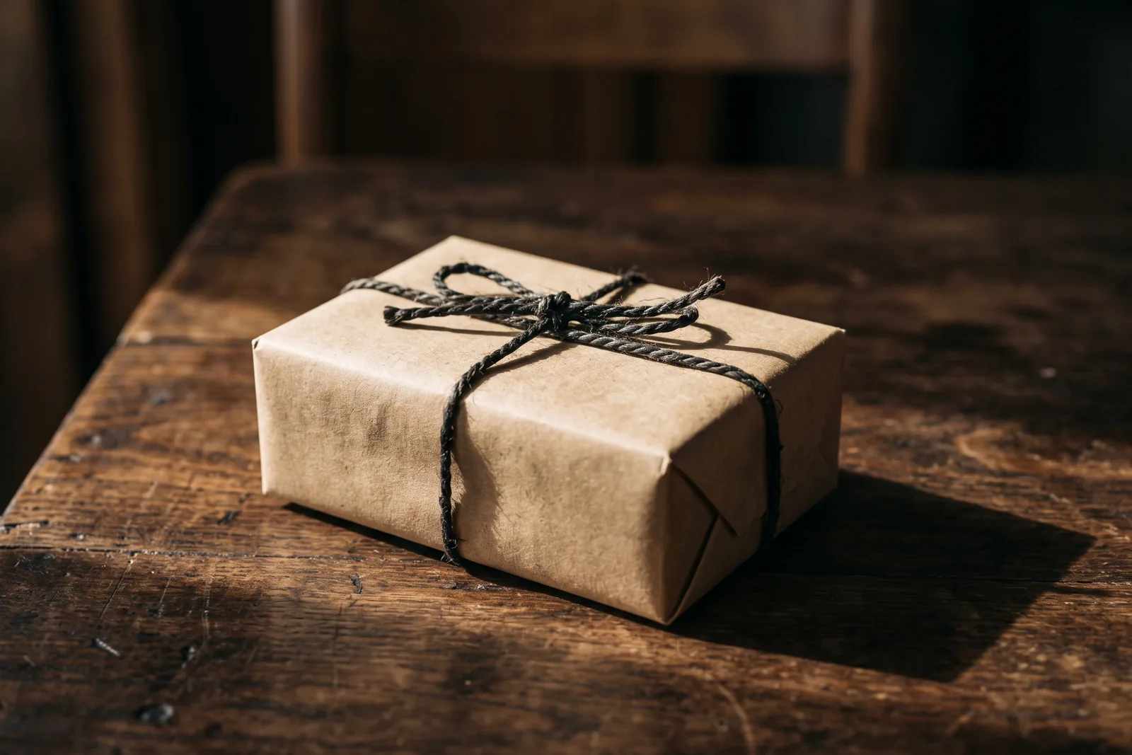 Schlicht verpacktes Geschenk auf dunklem Holz in warmem Seitenlicht