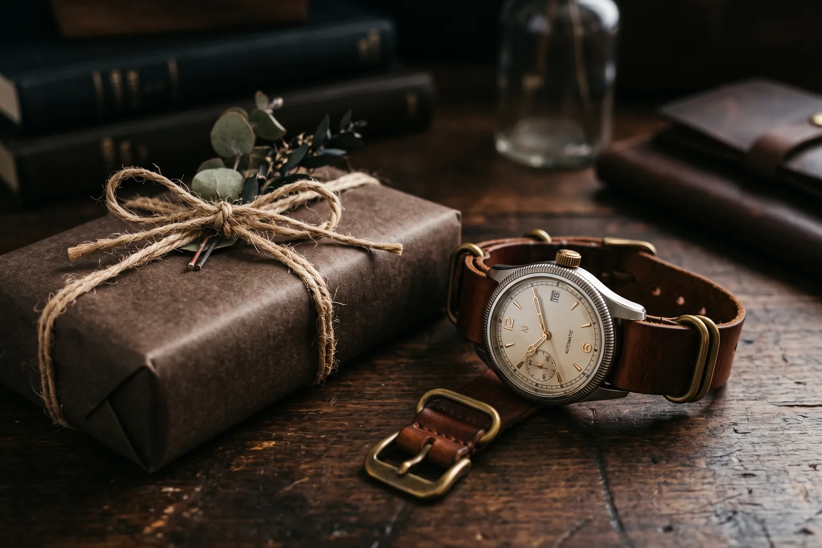 Ein schlicht verpacktes Geschenk neben einer Uhr auf dunklem Holz in warmem Licht