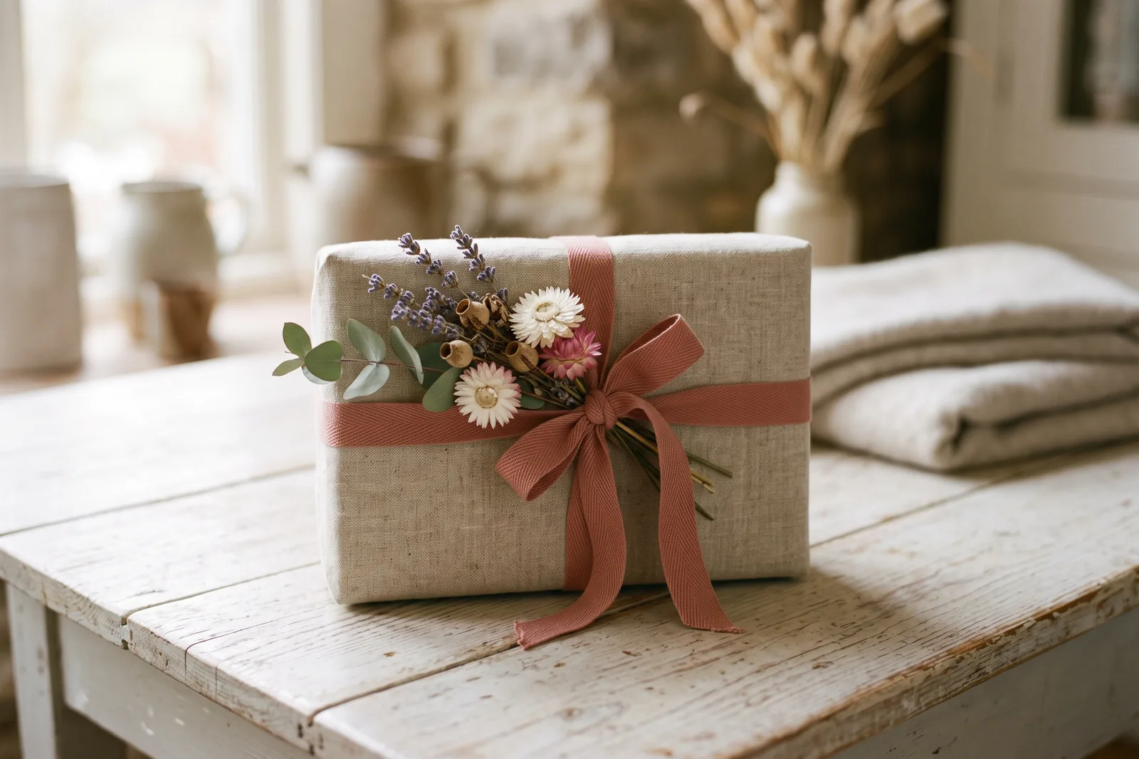 Ein liebevoll verpacktes Geschenk mit getrockneten Blüten auf hellem Tisch in weichem Licht