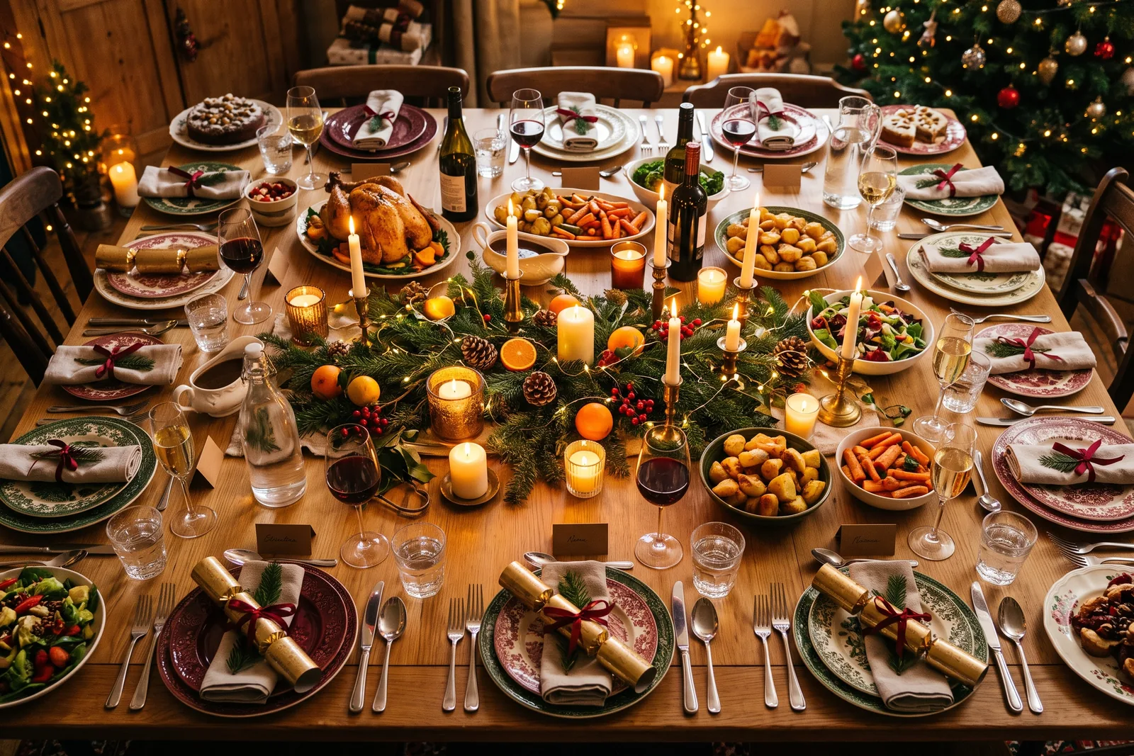 Festlich gedeckte Tafel für viele Gäste mit Kerzen und Tannenzweigen von oben fotografiert