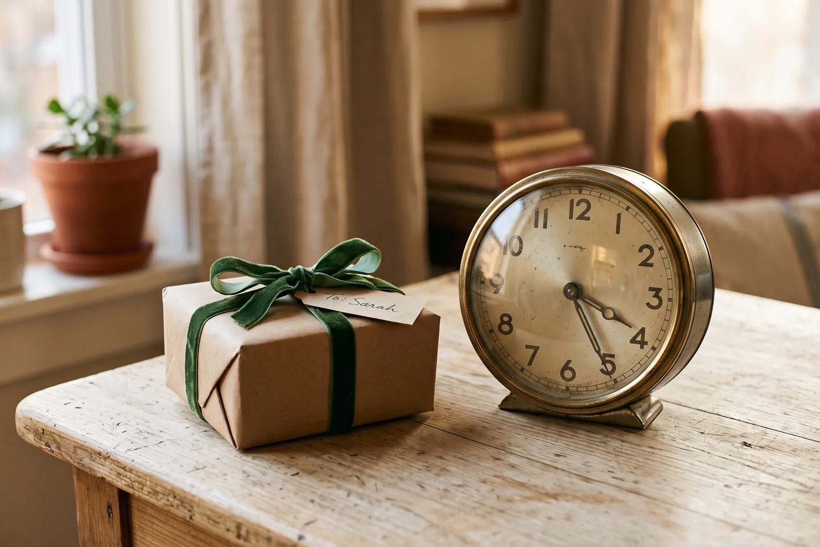 Ein schnell, aber sorgfältig verpacktes kleines Geschenk neben einer Uhr auf hellem Tisch