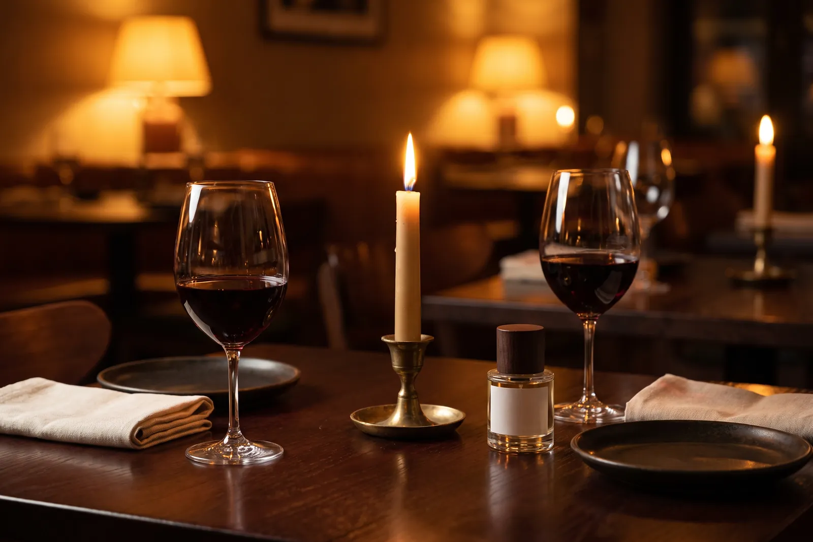 Restauranttisch für zwei mit zwei Gläsern Rotwein, einer brennenden Kerze und einem kleinen Parfümflakon im warmen Licht