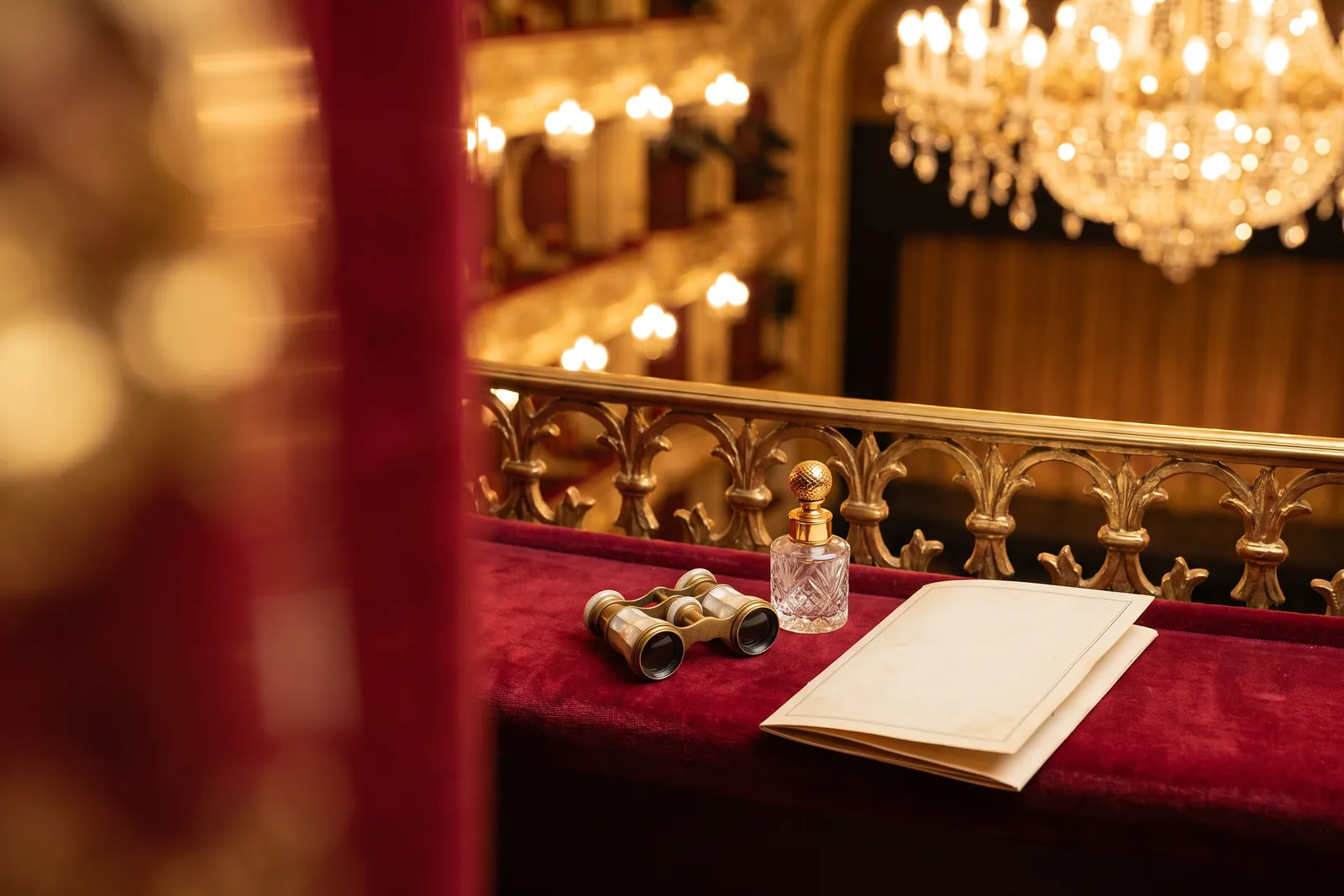 Opernglas und ein kleiner Parfümflakon auf der roten Samtbrüstung einer Theaterloge, dahinter Kronleuchter im warmen Licht
