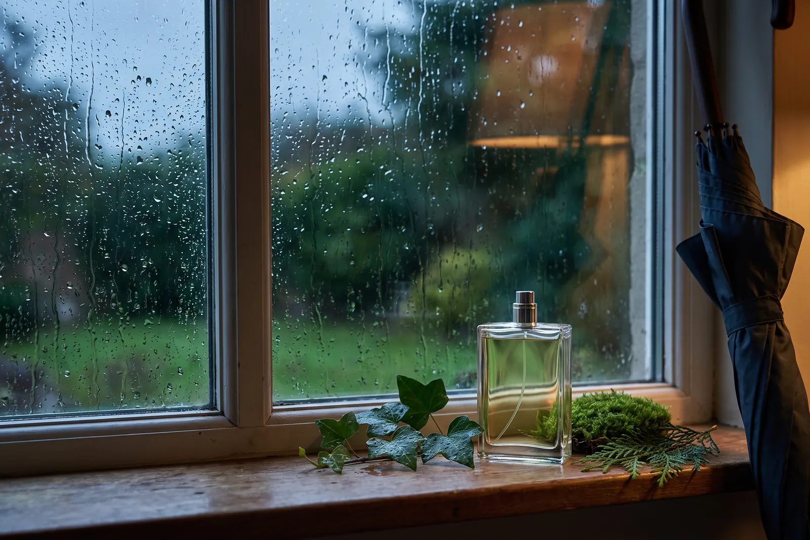 Parfümflakon mit grünlicher Flüssigkeit auf einer Fensterbank vor einer regennassen Scheibe, daneben Efeu, Moos und ein Regenschirm