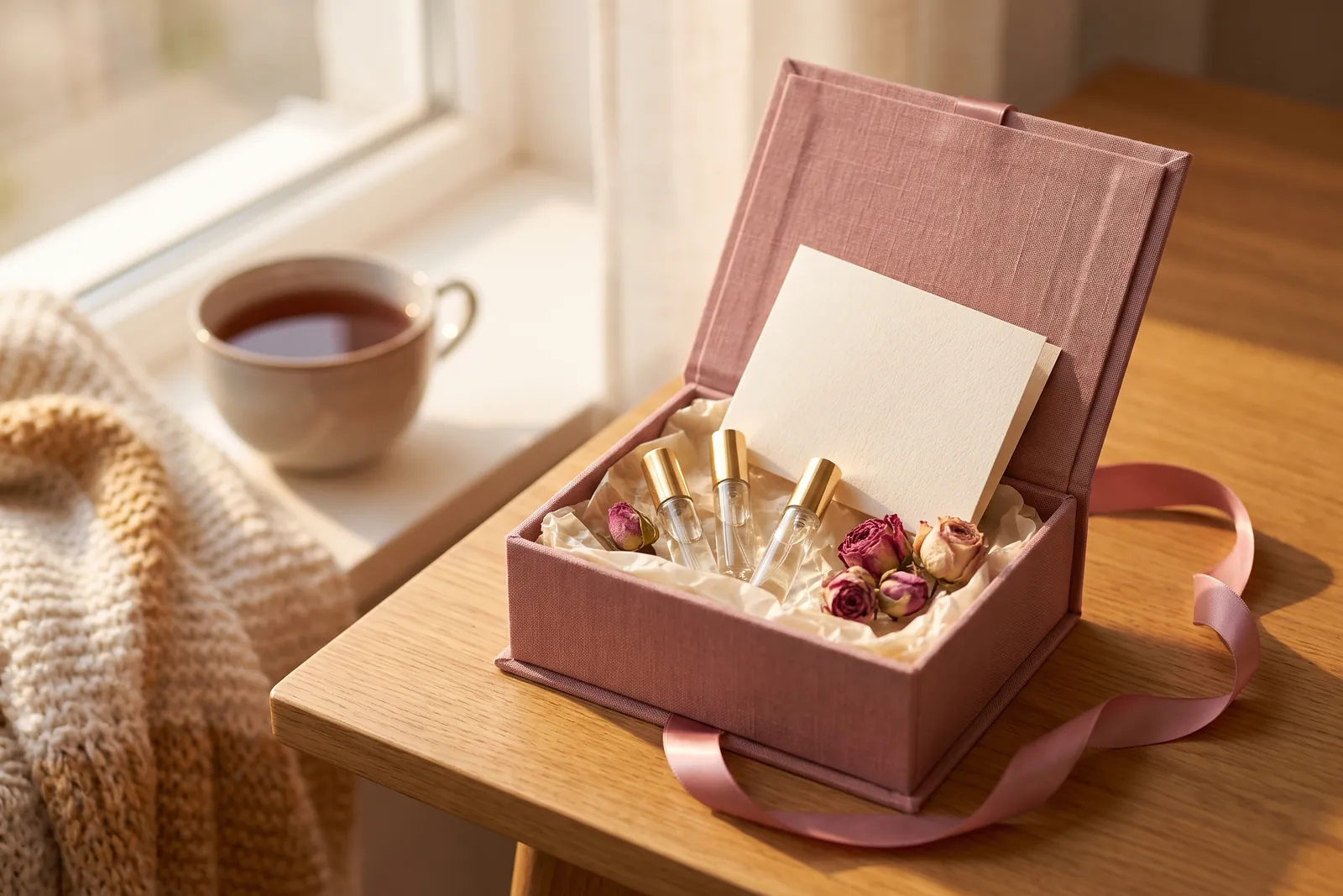 Geöffnete rosafarbene Geschenkbox mit drei kleinen Duftproben, einer leeren Karte und getrockneten Rosen auf einem hellen Holztisch