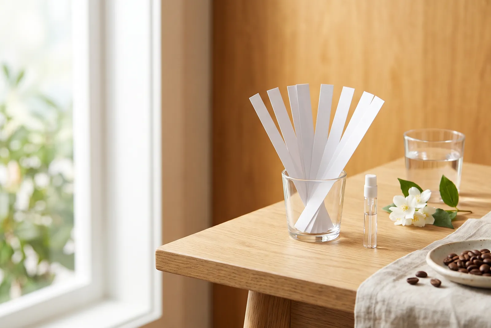 Weiße Duftteststreifen in einem Glas, daneben eine kleine Duftprobe, ein Glas Wasser und Jasminblüten auf einem hellen Holztisch