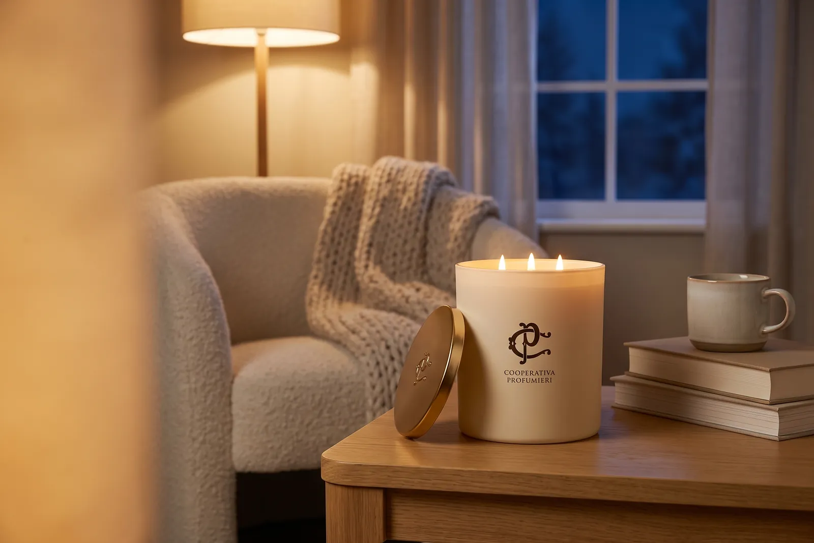 Cremefarbene Duftkerze mit drei Flammen auf einem Beistelltisch neben Büchern und einer Tasse Tee, dahinter ein Sessel und eine Stehlampe am Winterabend